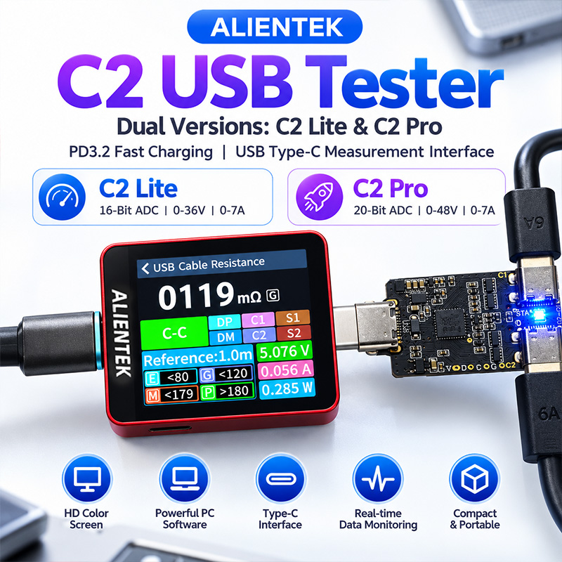Logic Analyzer Usb - ALIENTEK C2 カラー画面式テスター。240Wの高電流に対応し、リアルタイムで電圧、電流、電力、リップルを監視。急速充電プロトコルを検出。